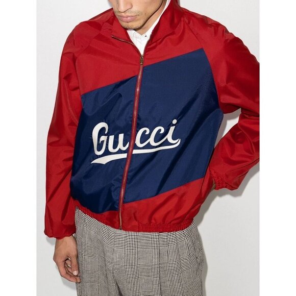 NWT Gucci Men Nylon Jacket Gucci Script Red Lightweight Canvas Nylon Blue - Picture 2 of 16